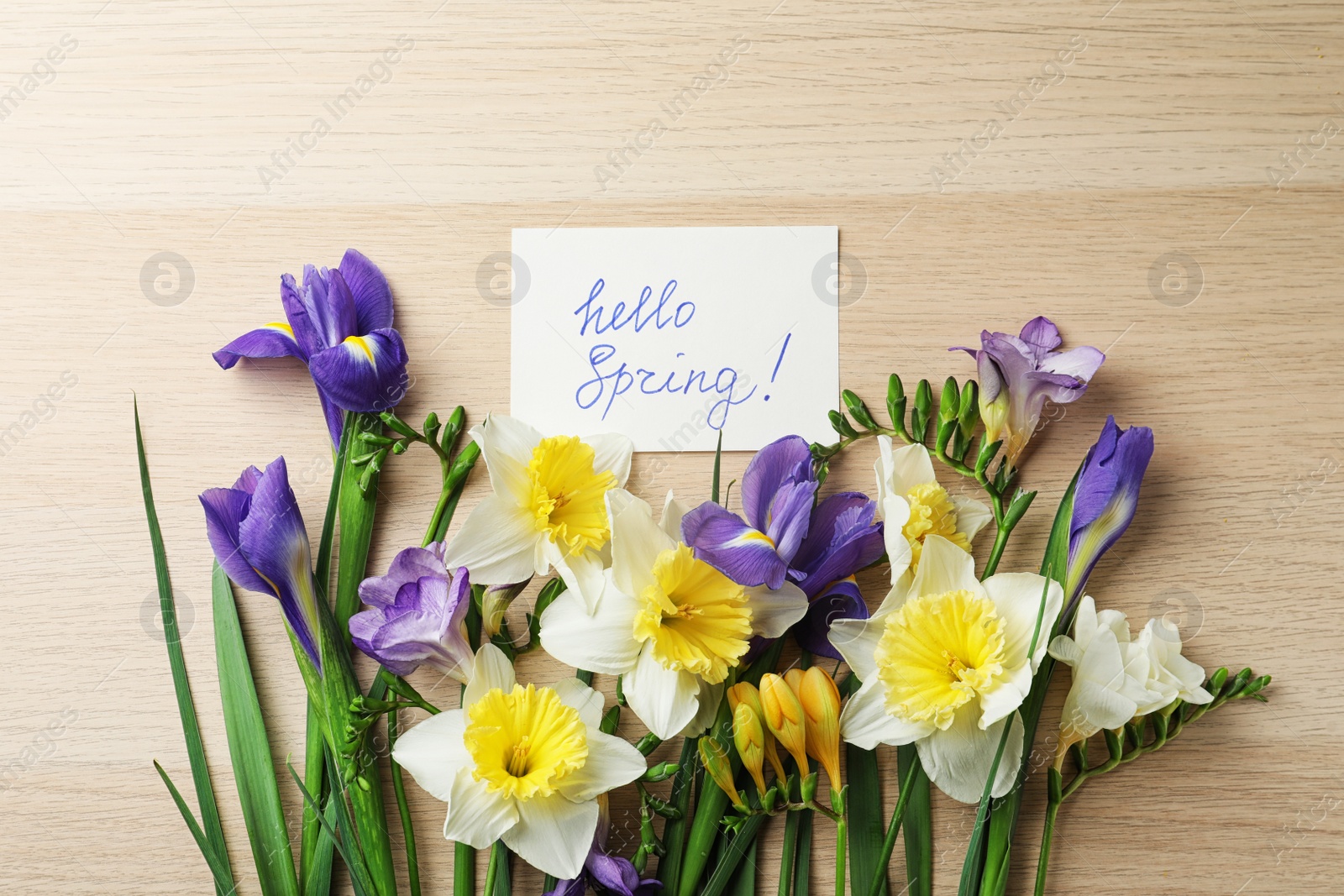 Photo of Card with words HELLO SPRING and fresh flowers on wooden table, flat lay