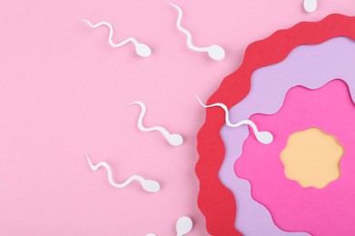 Fertilization concept. Sperm cells swimming towards egg cell on pink background, top view with space for text