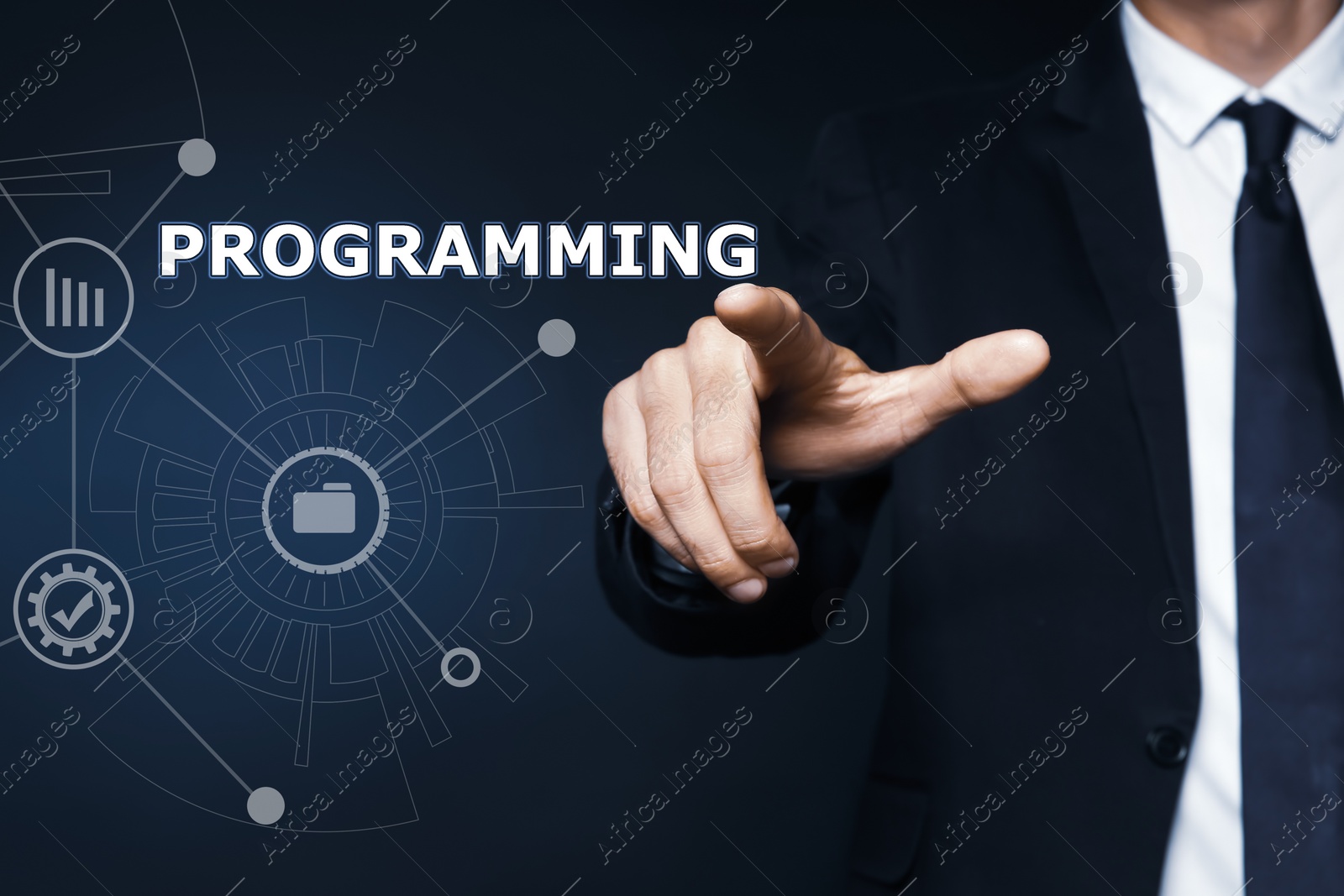 Image of Businessman pointing at word PROGRAMMING on virtual screen, closeup 