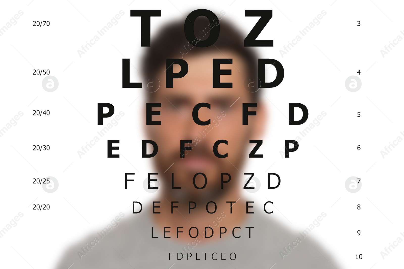 Image of Vision test. Man behind eye chart on white background, blurred background