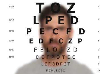 Image of Vision test. Man behind eye chart on white background, blurred background