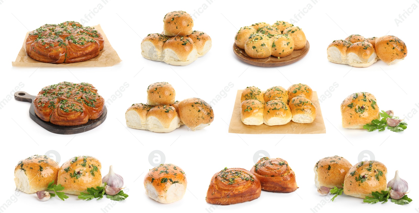 Image of Traditional Ukrainian buns (Pampushky) on white background, collage