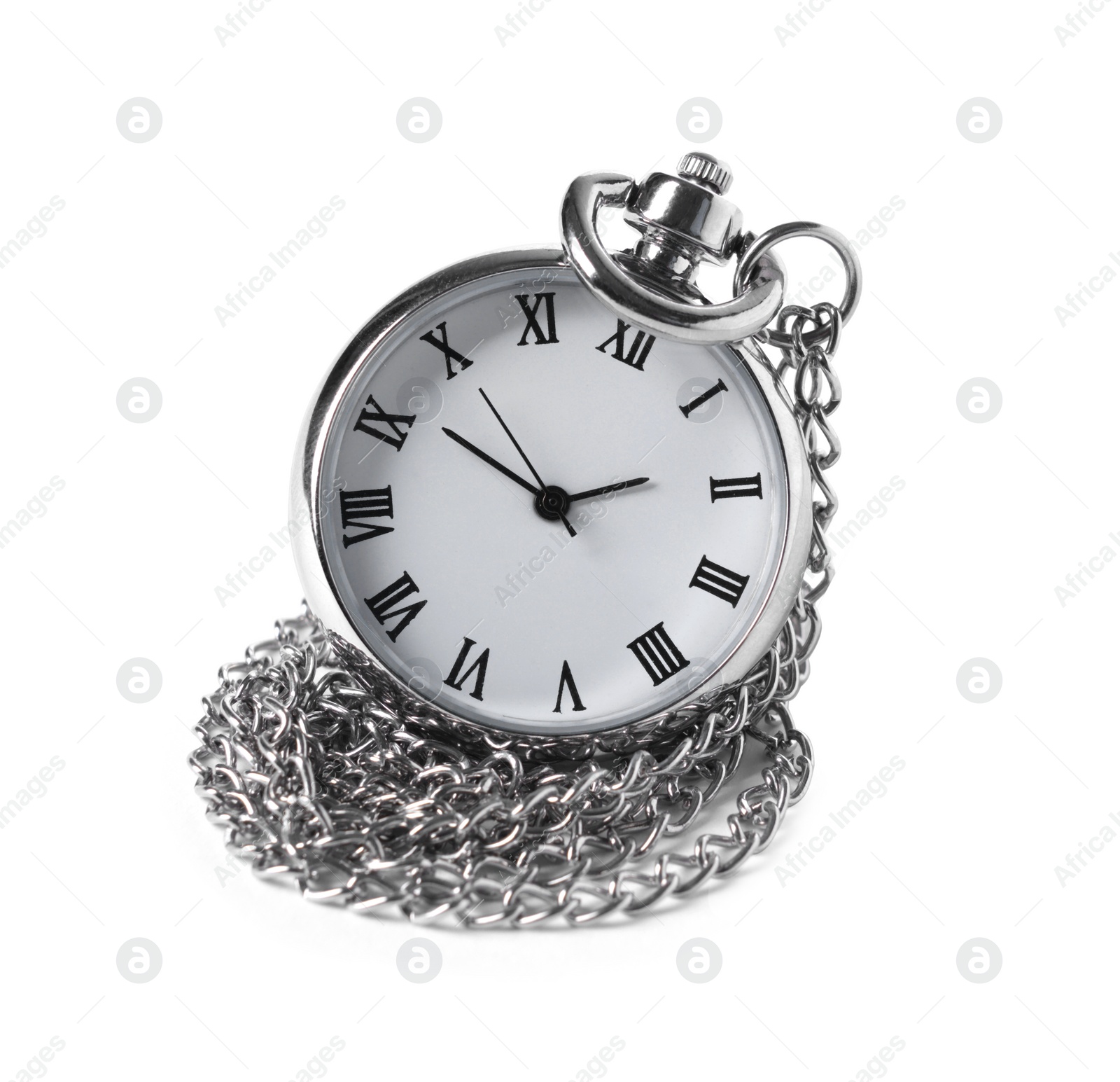 Photo of One silver pocket clock isolated on white