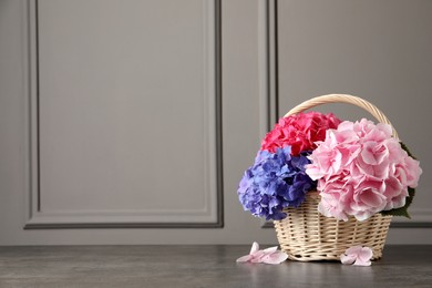 Bouquet with beautiful hortensia flowers in wicker basket on grey table. Space for text