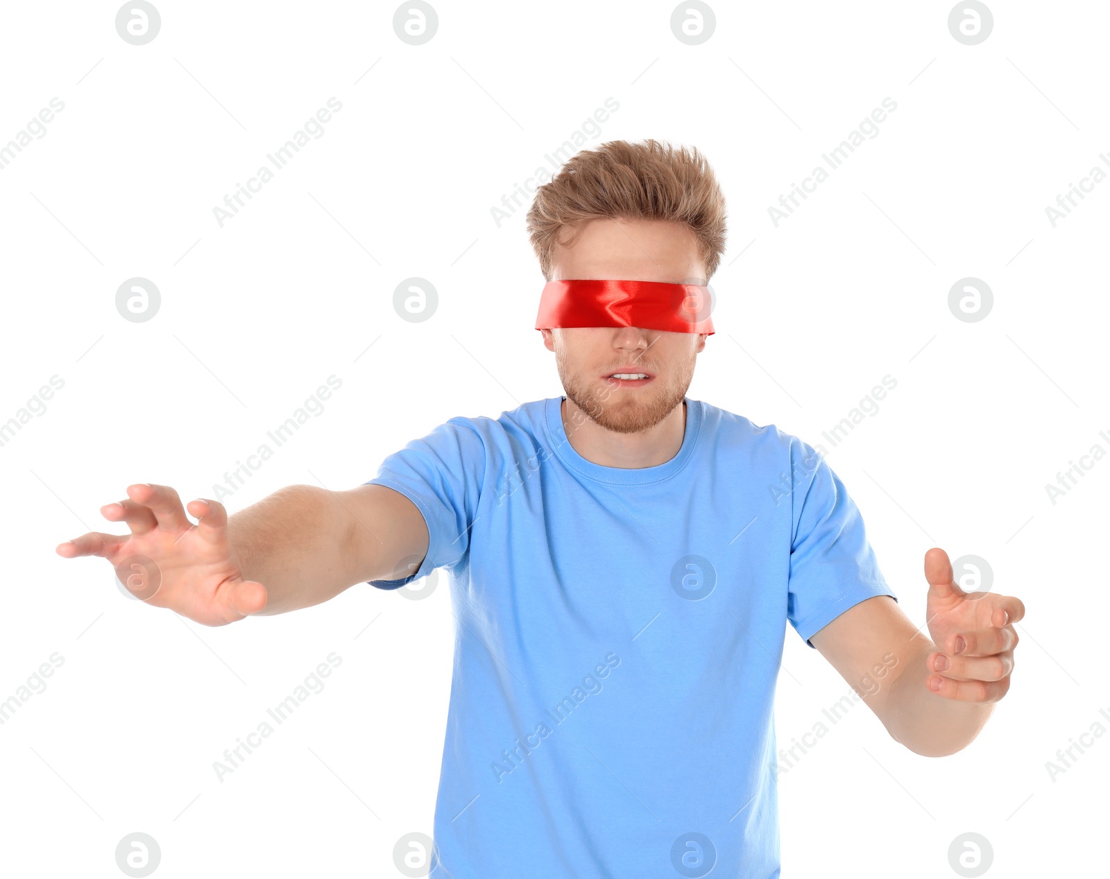 Photo of Young man wearing red blindfold on white background