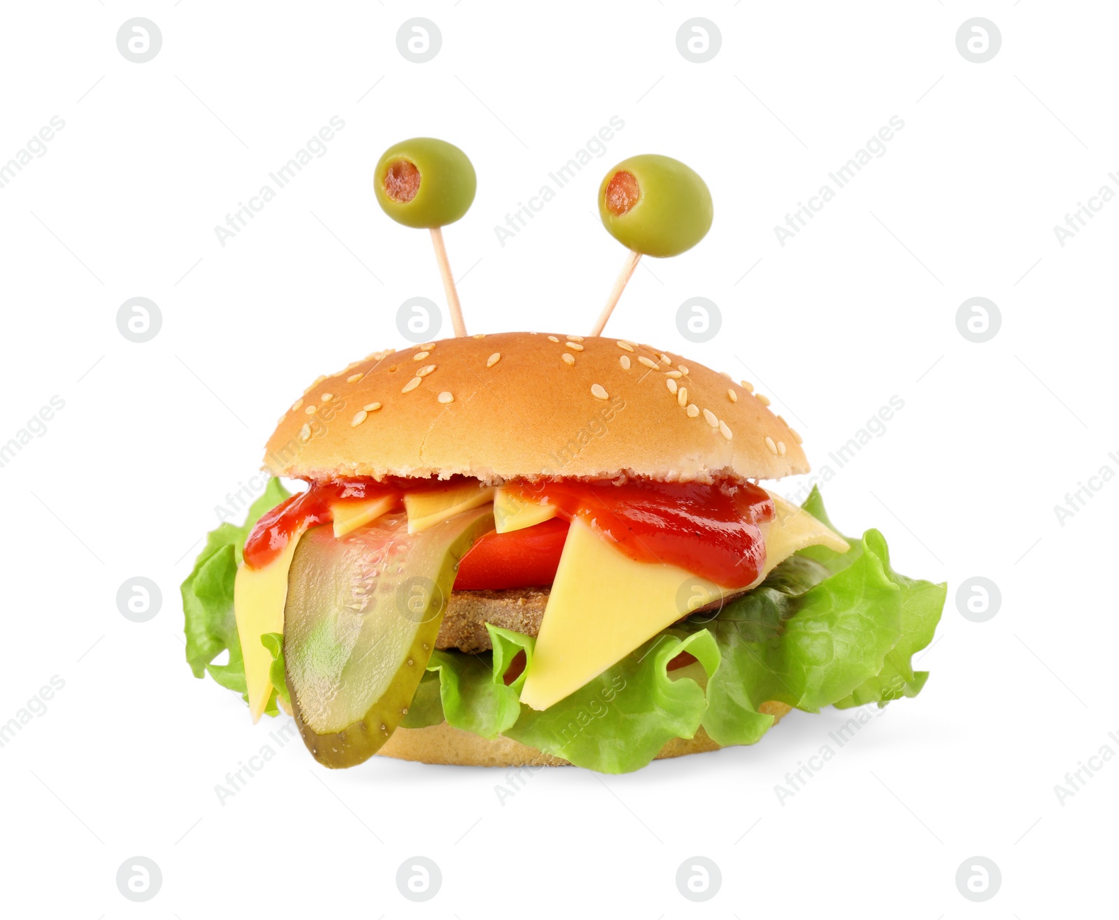 Photo of Cute monster burger isolated on white. Halloween party food