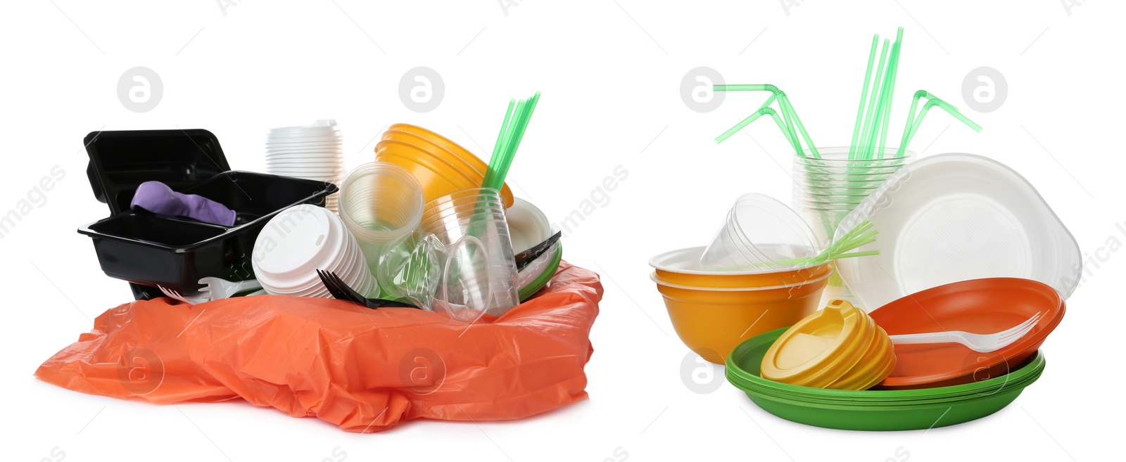 Image of Different plastic items on white background, collage. Banner design