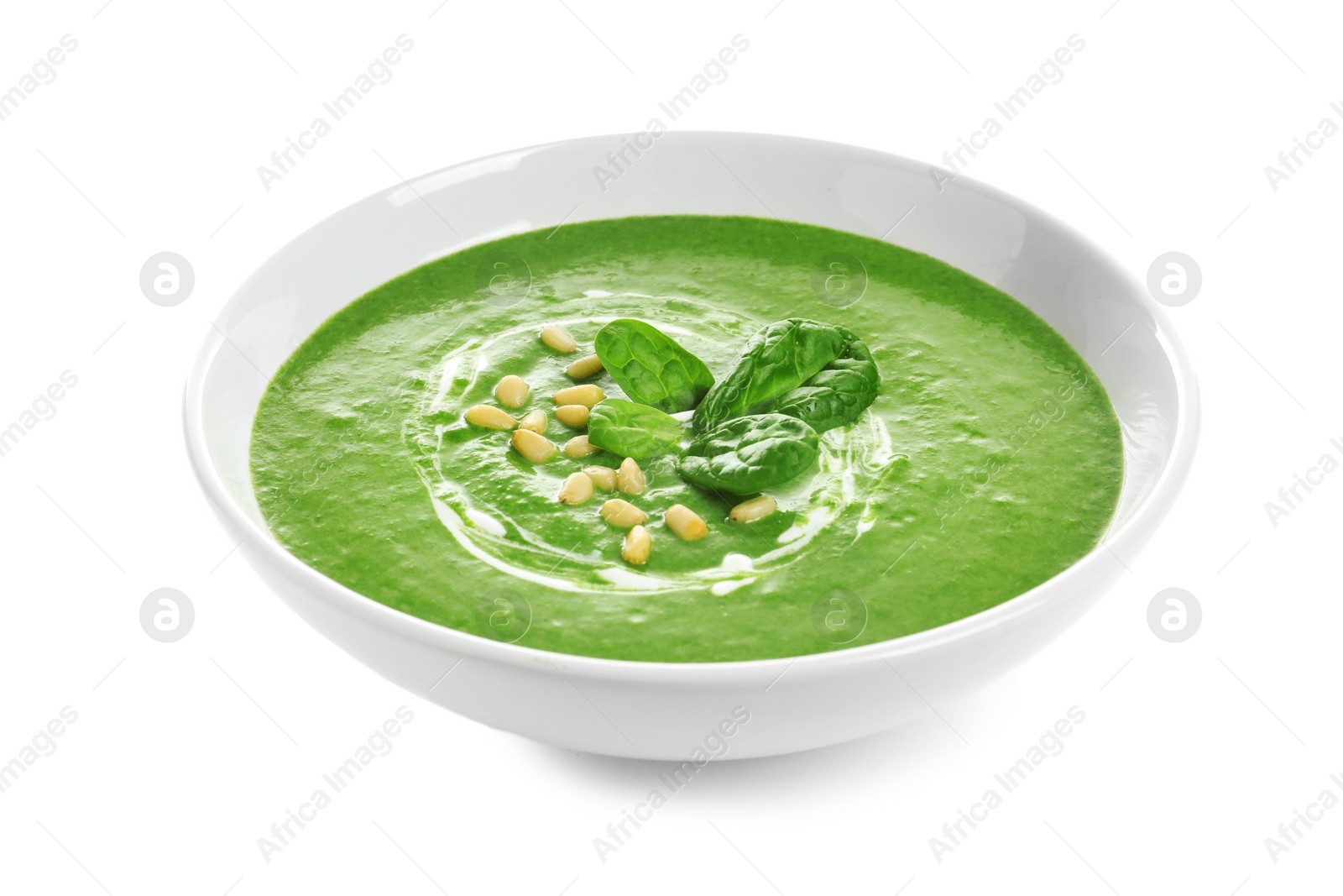 Photo of Dish with spinach cream soup on white background. Healthy food