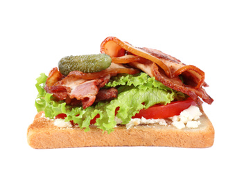 Photo of Tasty sandwich with bacon isolated on white