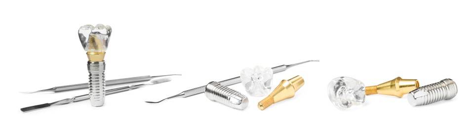 Educational models of dental implants and medical tools on white background, collage. Banner design