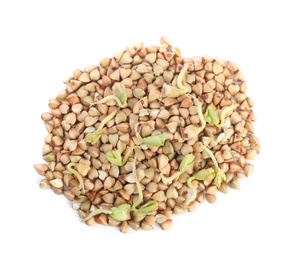 Photo of Heap of sprouted green buckwheat isolated on white, top view