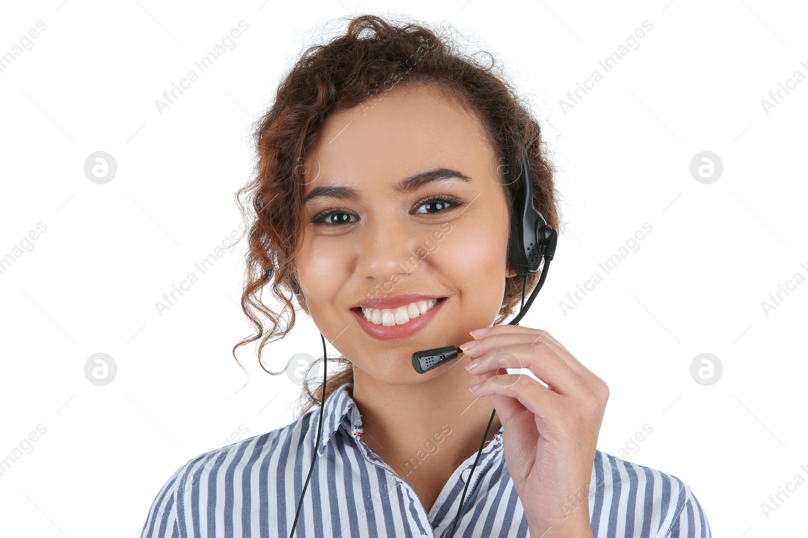 Photo of African-American technical support operator with headset isolated on white