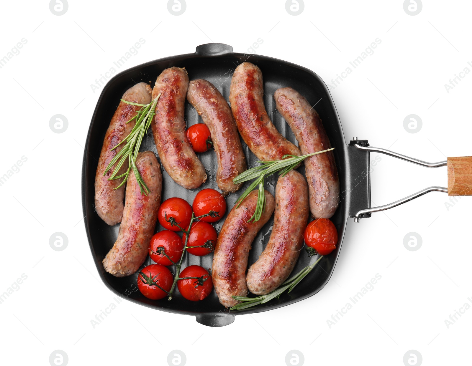 Photo of Grill pan with tasty homemade sausages, rosemary and tomatoes on white background, top view