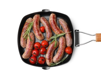 Photo of Grill pan with tasty homemade sausages, rosemary and tomatoes on white background, top view