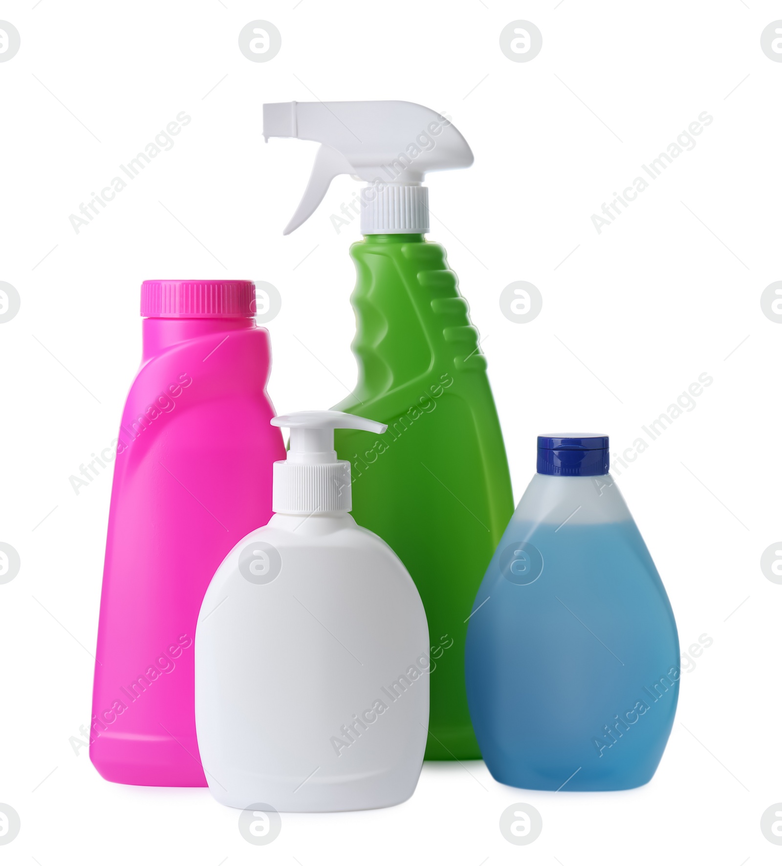 Photo of Bottles with different detergents on white background. Cleaning supplies