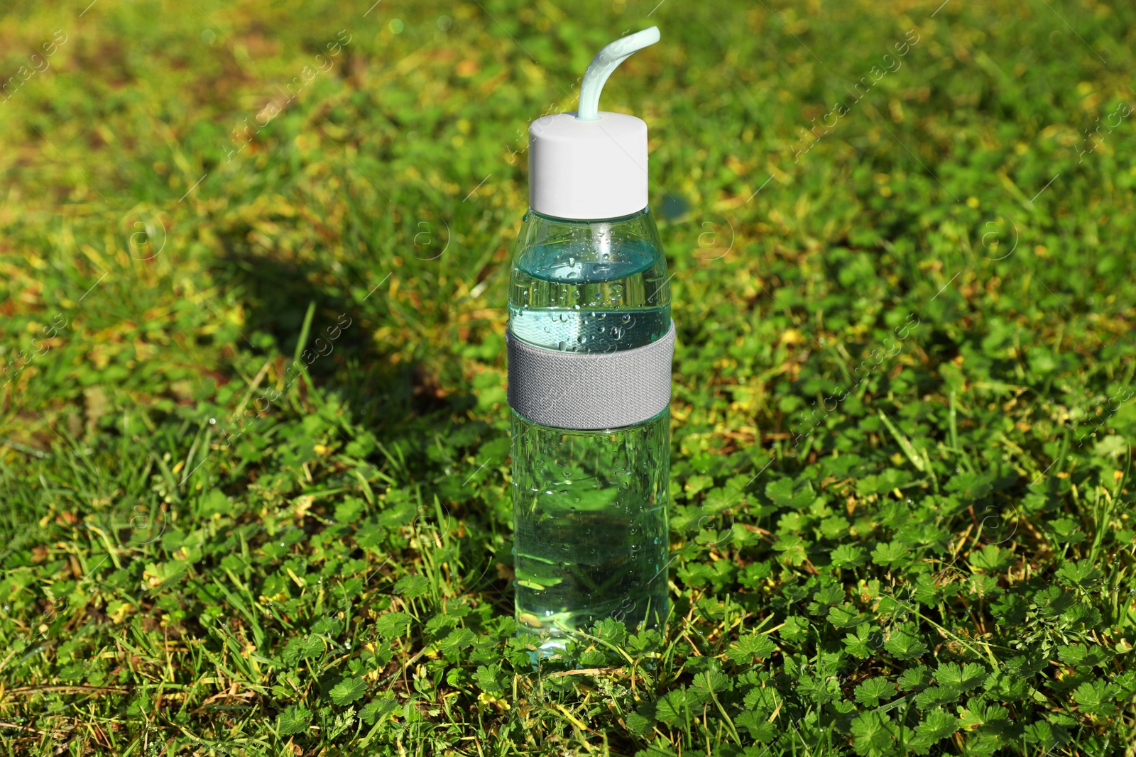 Photo of Glass bottle of fresh water on green grass outdoors