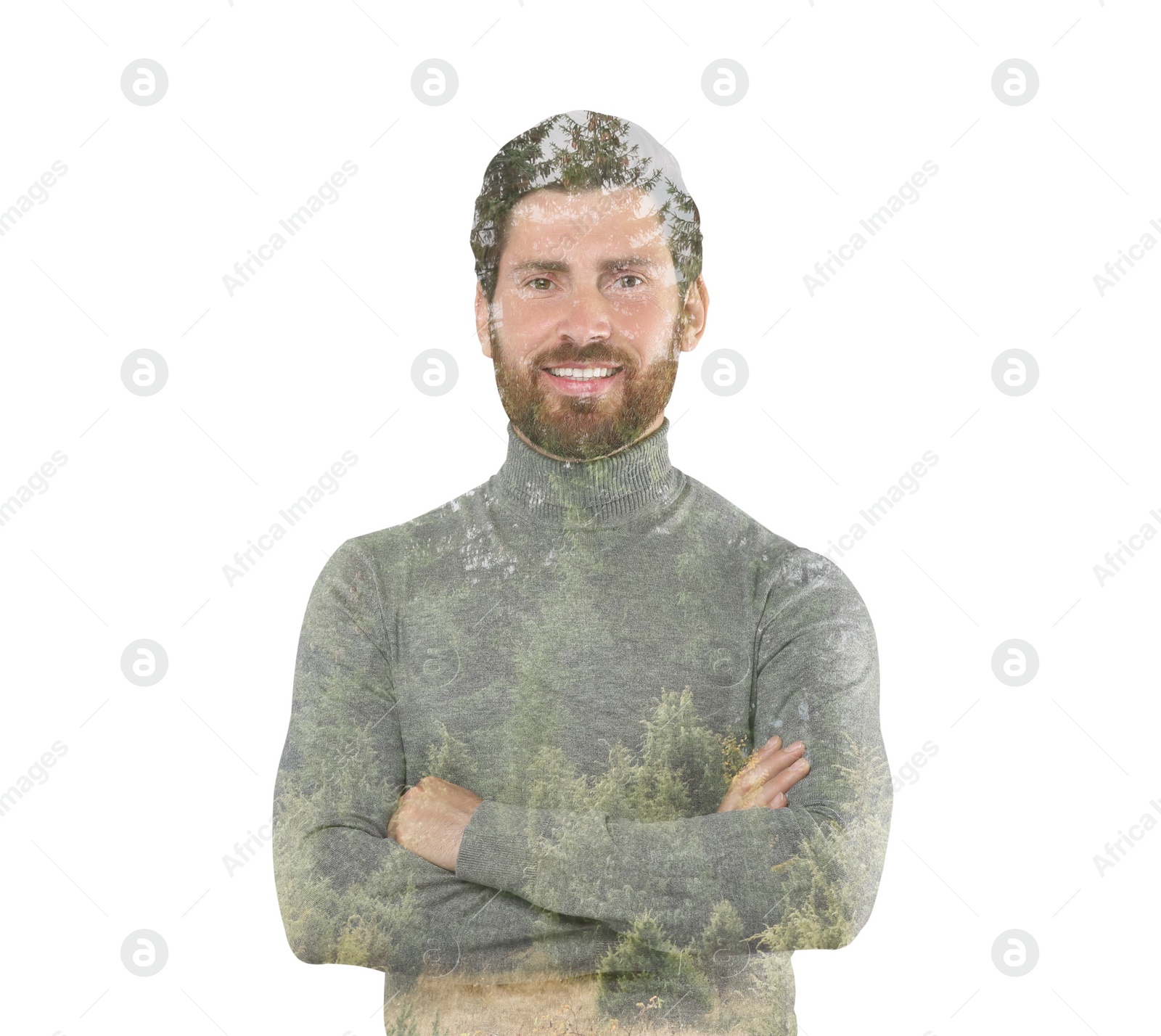 Image of Double exposure of man and trees on white background