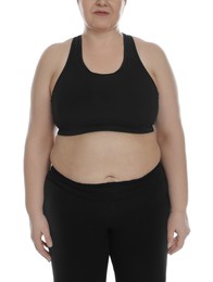 Obese woman on white background, closeup. Weight loss surgery