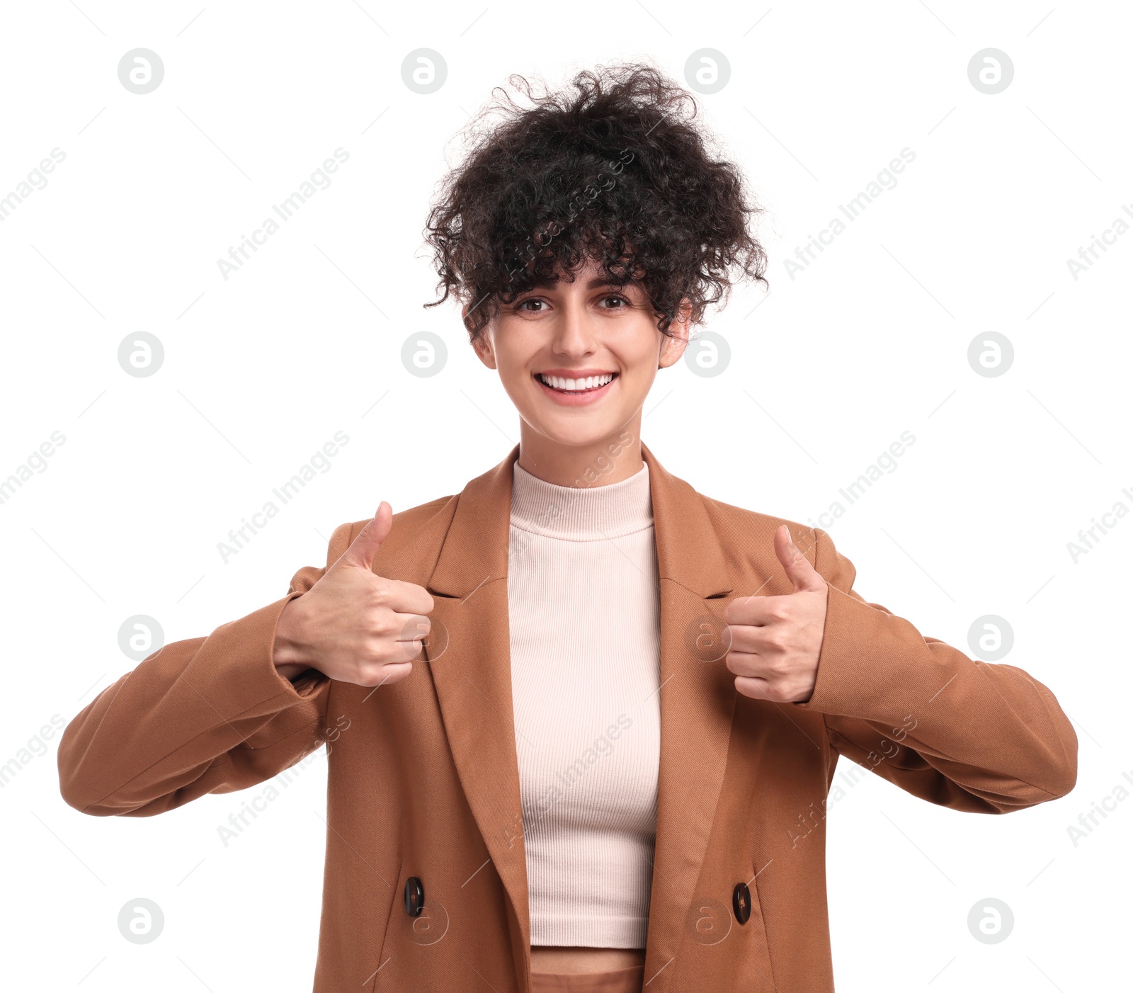 Photo of Beautiful happy businesswoman showing thumbs up on white background