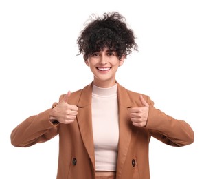 Photo of Beautiful happy businesswoman showing thumbs up on white background