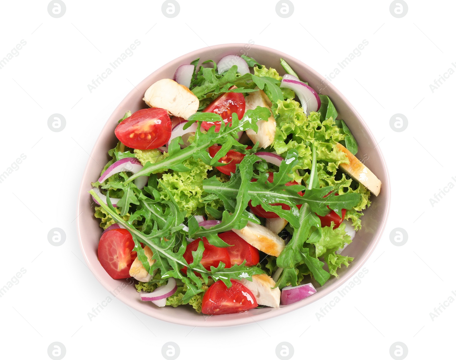 Photo of Delicious salad with chicken, arugula and tomatoes in bowl isolated on white, top view