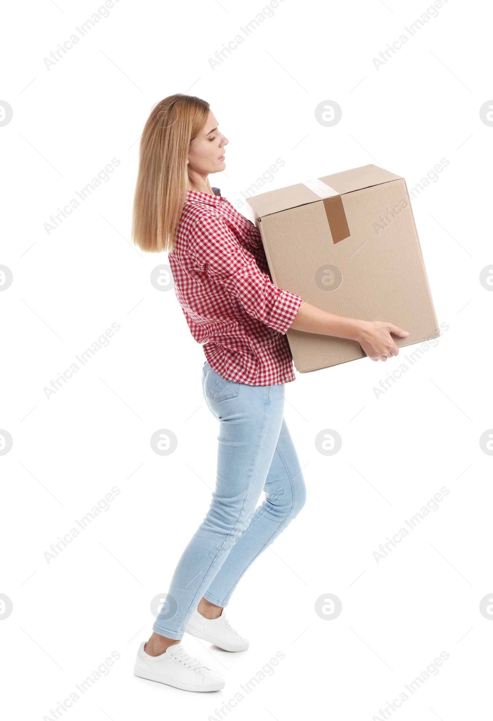 Photo of Full length portrait of woman carrying carton box on white background. Posture concept