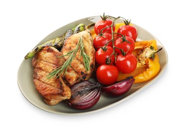 Photo of Plate with tasty grilled vegetables, meat, fresh cherry tomatoes and rosemary isolated on white