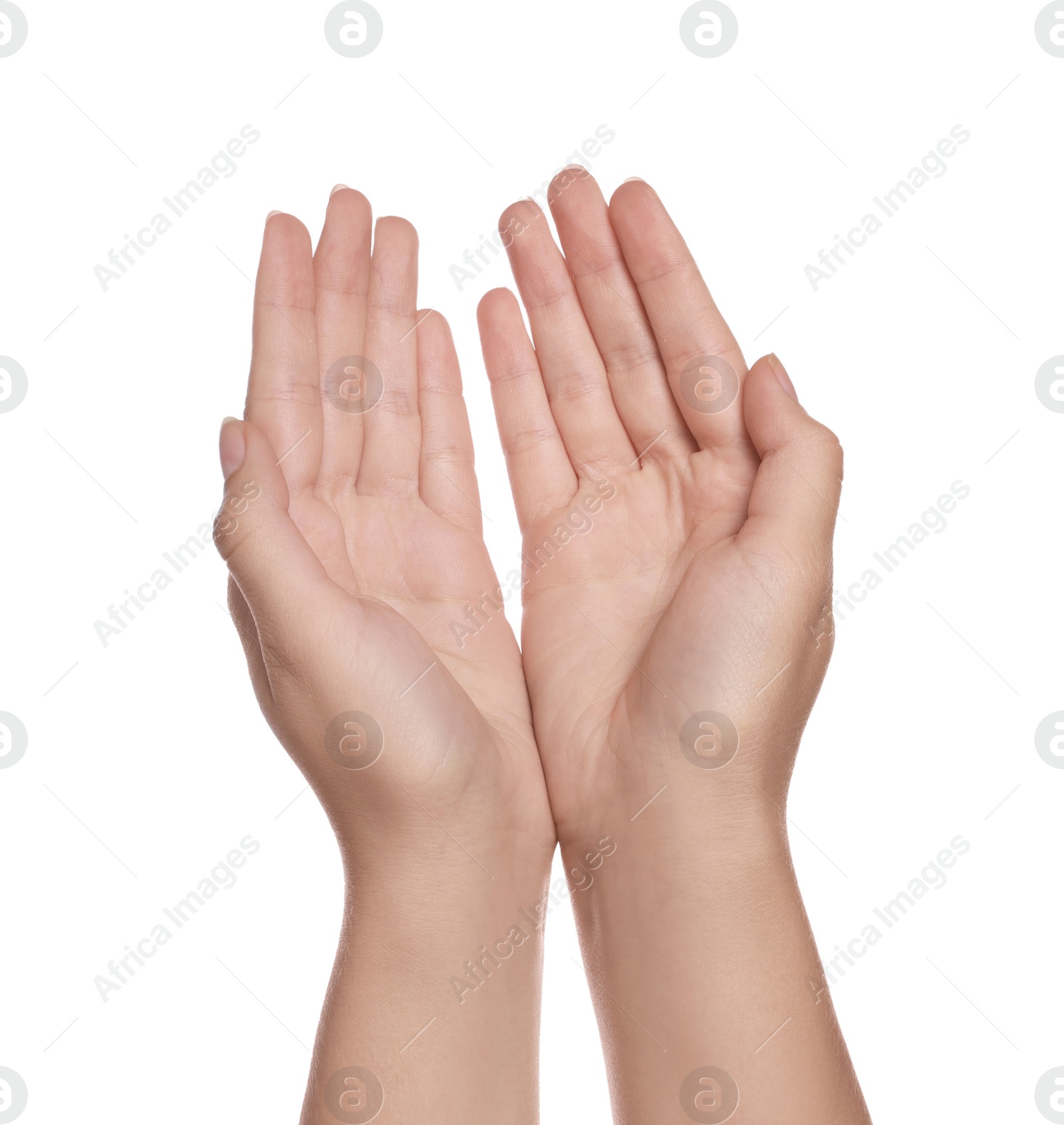 Photo of Woman holding her hands against white background, closeup