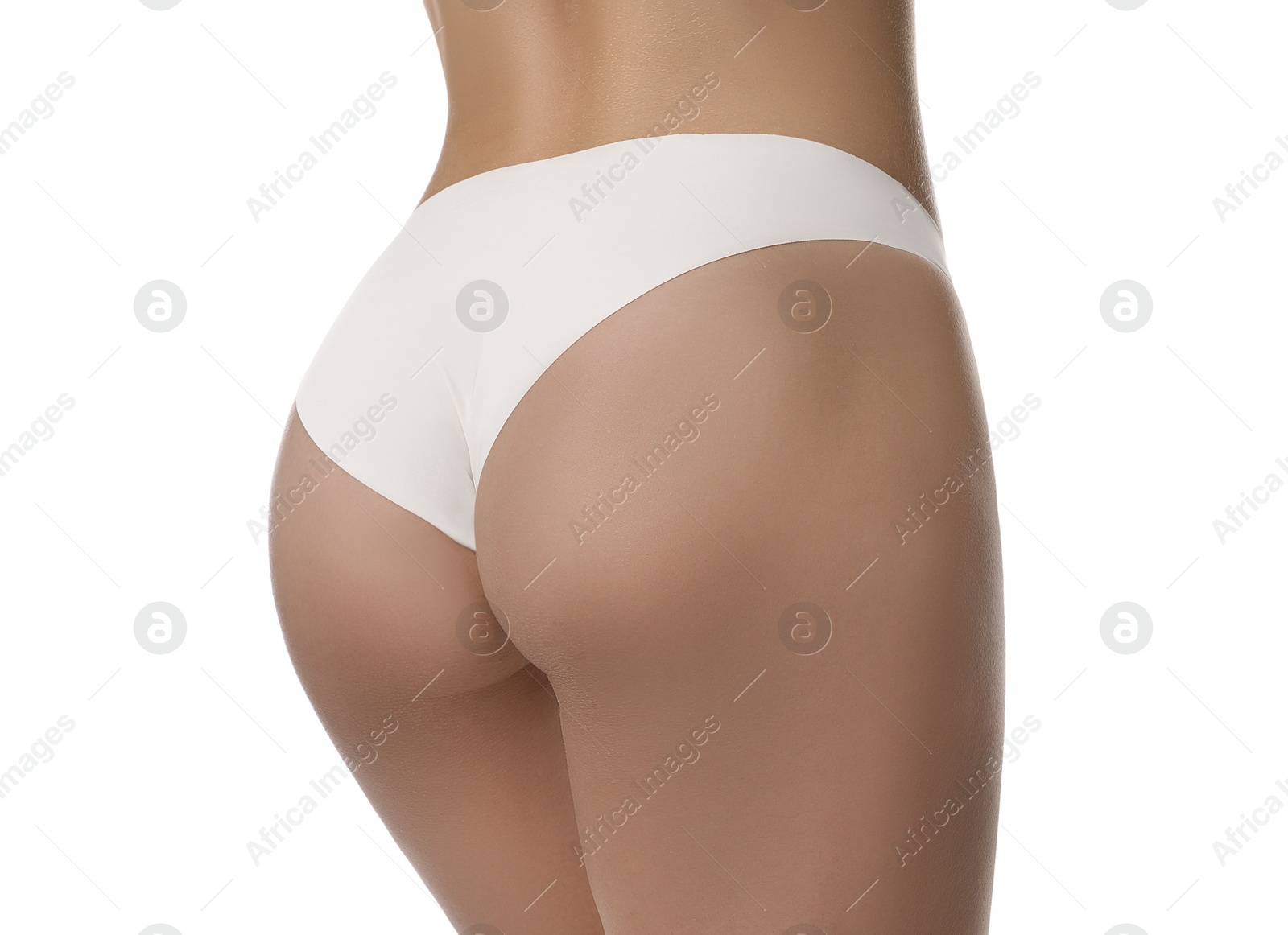 Photo of Closeup view of slim woman in underwear on white background. Cellulite problem concept