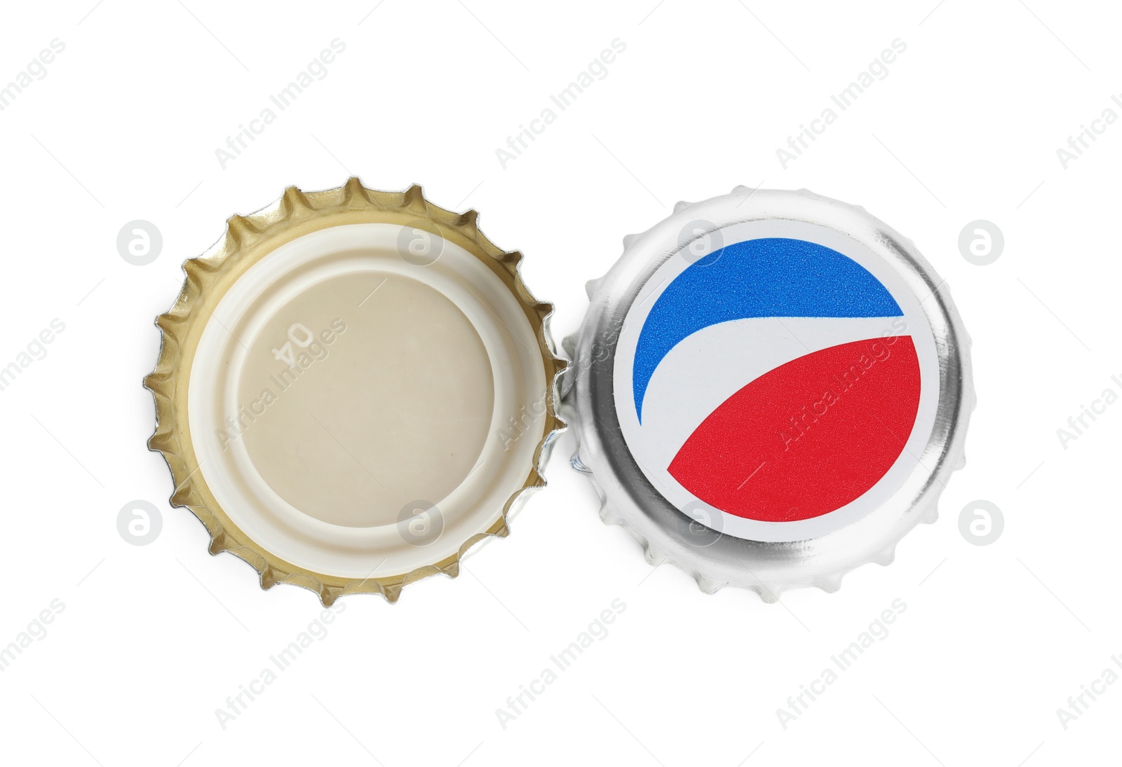 Photo of MYKOLAIV, UKRAINE - FEBRUARY 12, 2021: Pepsi lids on white background, top view