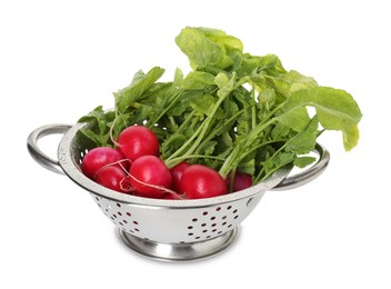 Photo of Metal colander with fresh radishes isolated on white