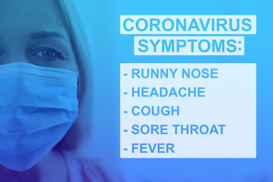 Image of Mature woman with medical mask and list of coronavirus symptoms