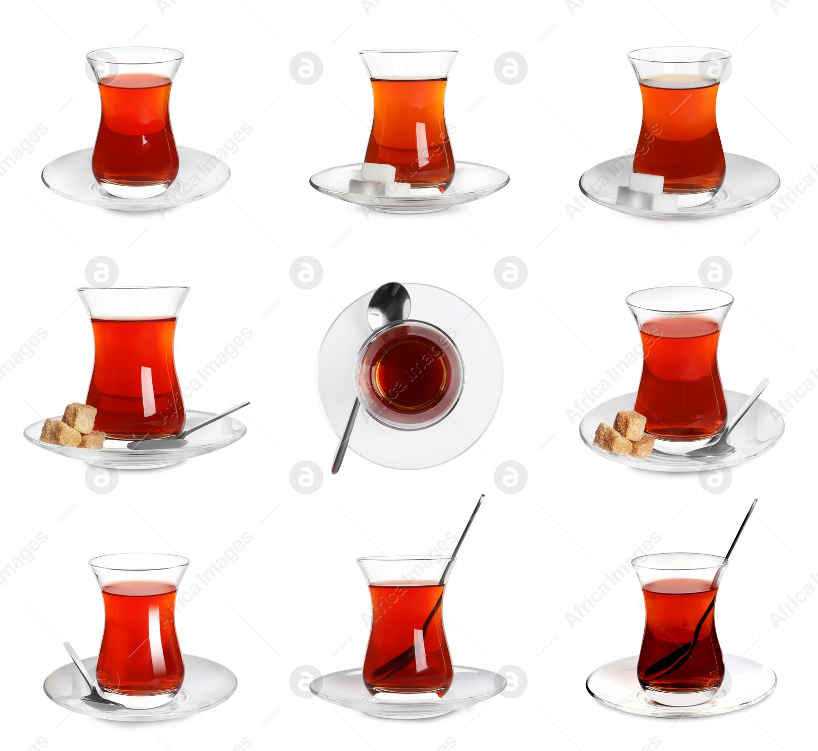 Image of Set with glasses of traditional Turkish tea on white background