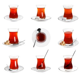 Image of Set with glasses of traditional Turkish tea on white background