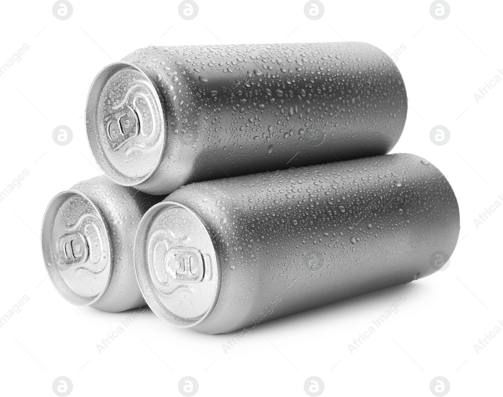 Photo of Wet closed blank cans isolated on white