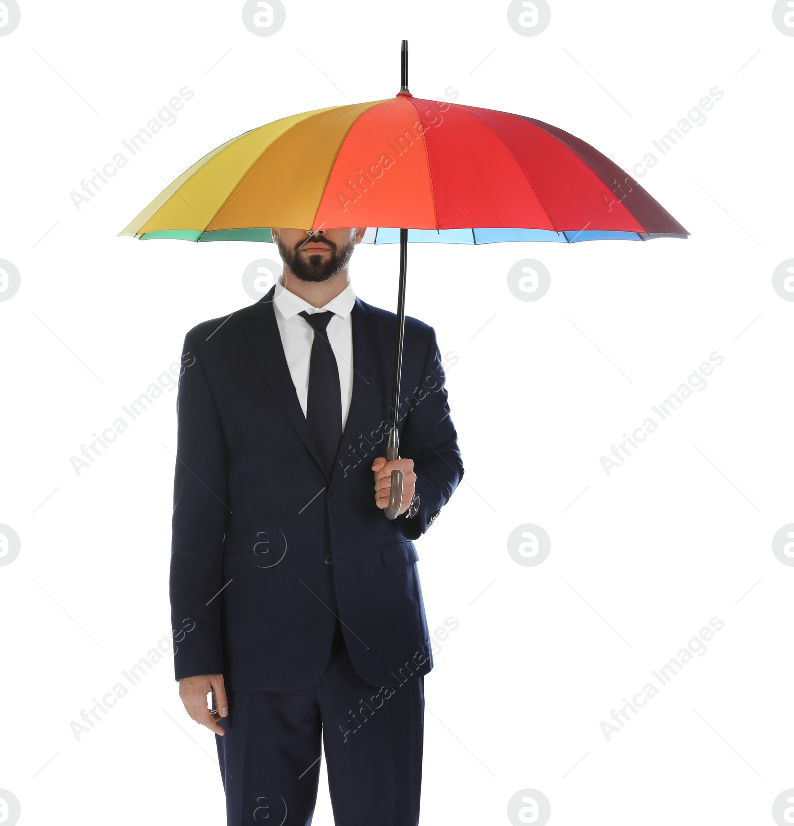 Photo of Businessman with rainbow umbrella on white background