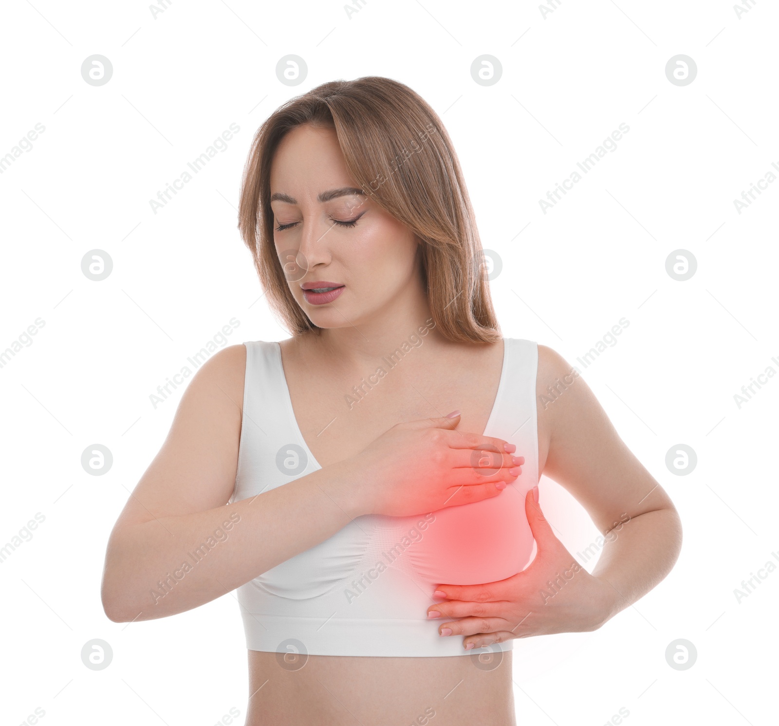 Image of Young woman suffering from breast pain on white background