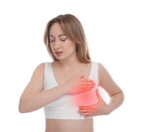 Image of Young woman suffering from breast pain on white background