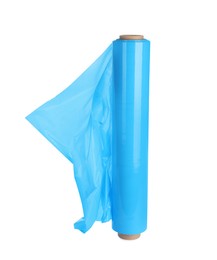 Photo of Roll of light blue stretch wrap isolated on white