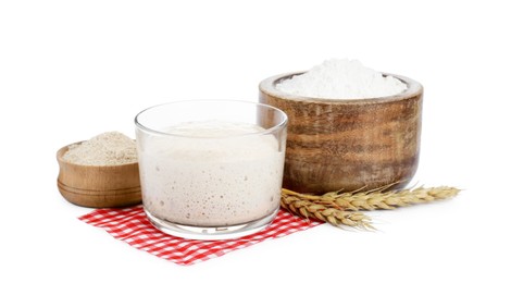 Photo of Fresh leaven, flour and ears of wheat isolated on white