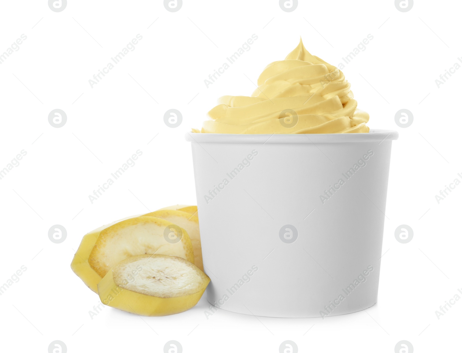 Photo of Cup of tasty frozen yogurt with banana on white background