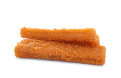 Photo of Fresh breaded fish fingers on white background