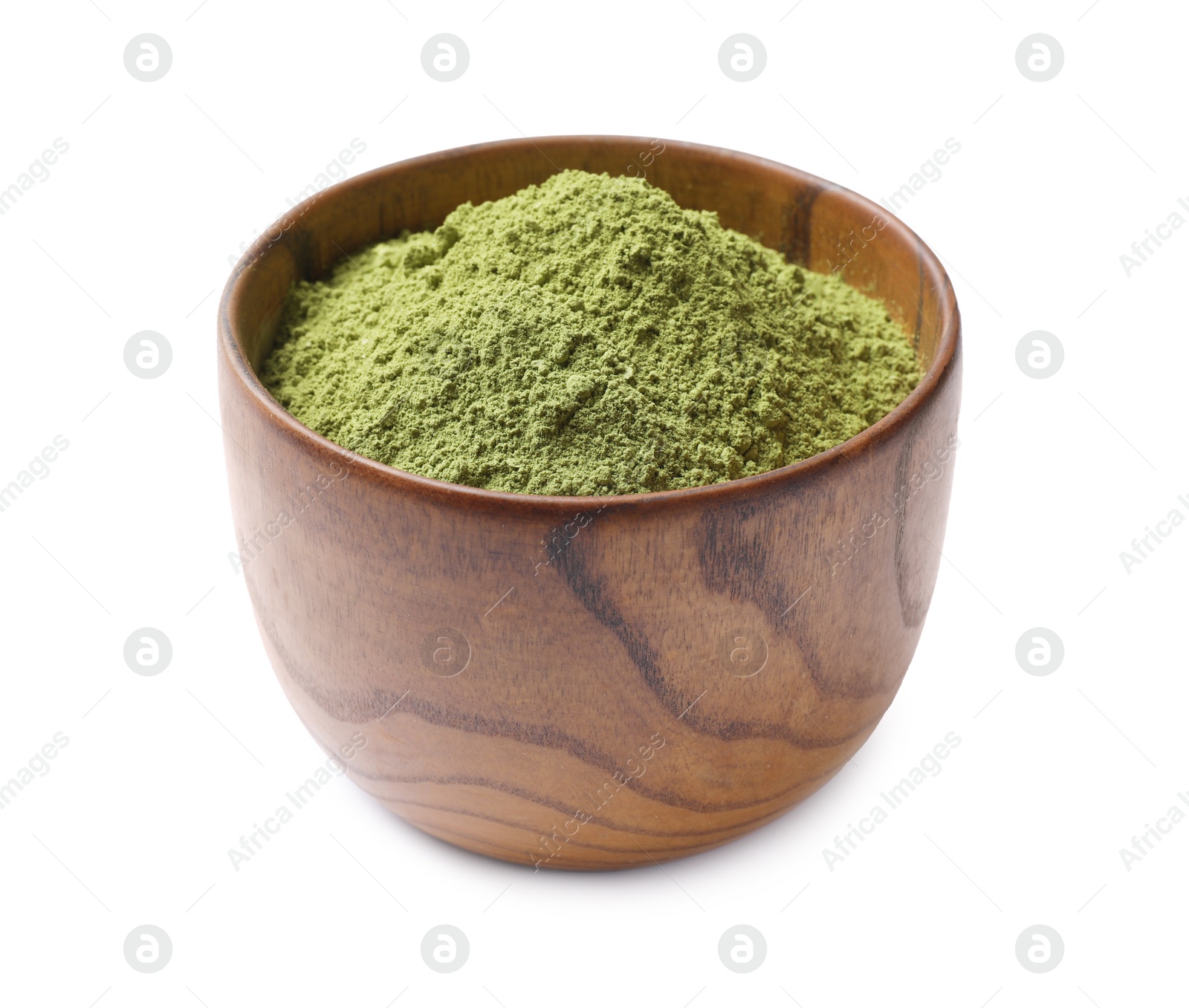 Photo of Green matcha powder in bowl isolated on white