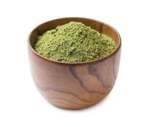 Photo of Green matcha powder in bowl isolated on white