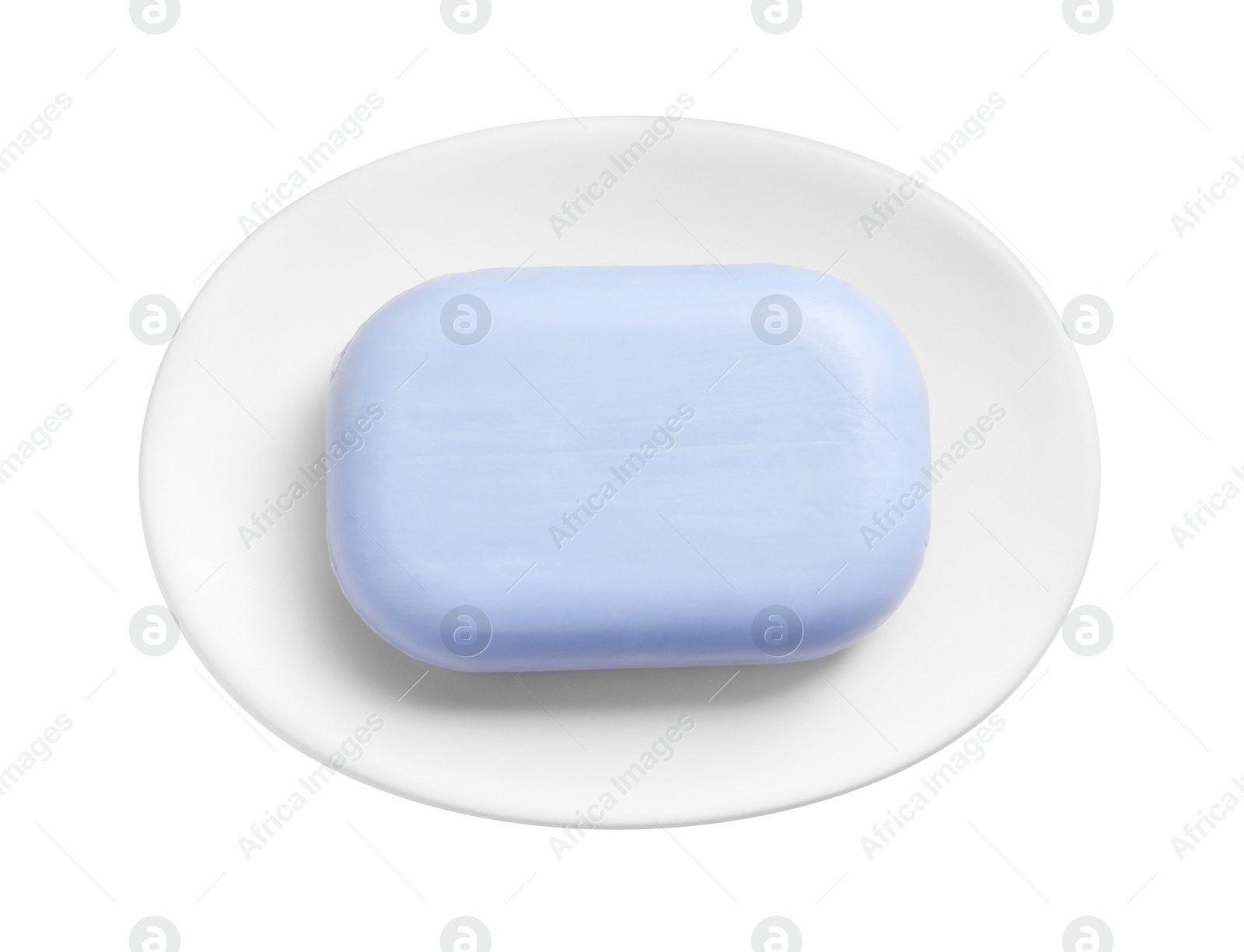 Photo of Holder with soap bar on white background, top view