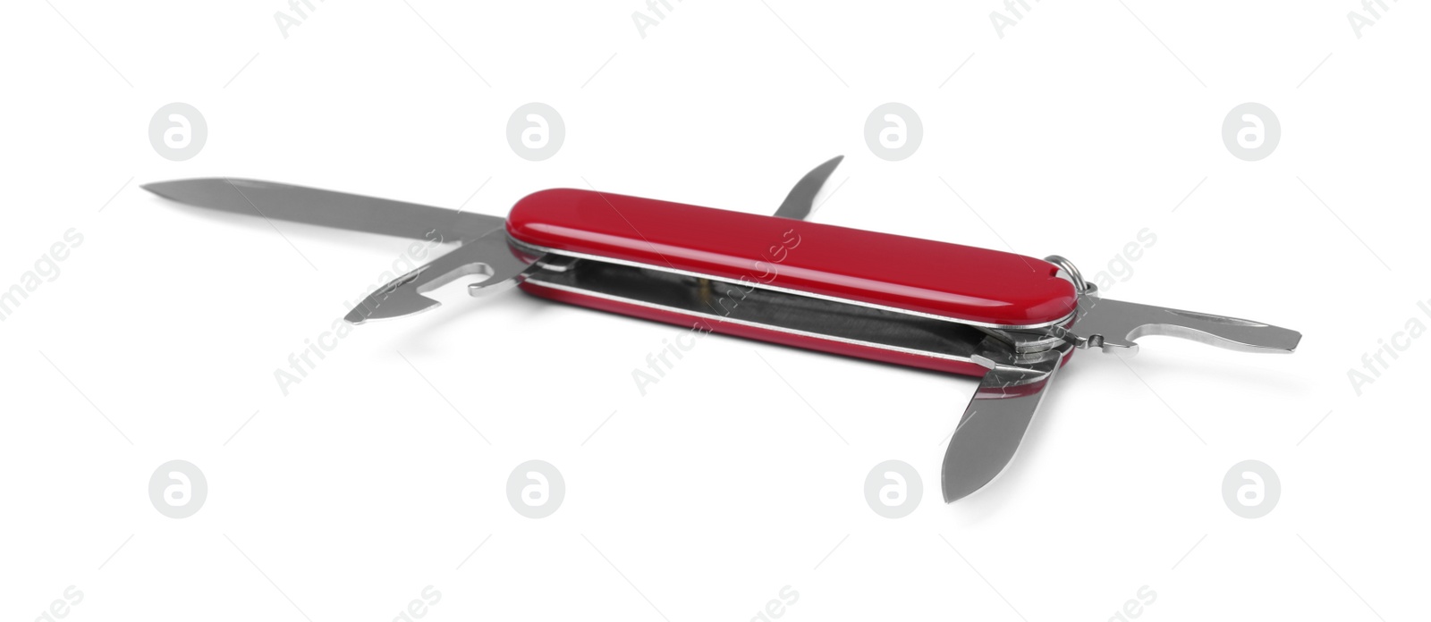 Photo of Red compact portable multitool isolated on white