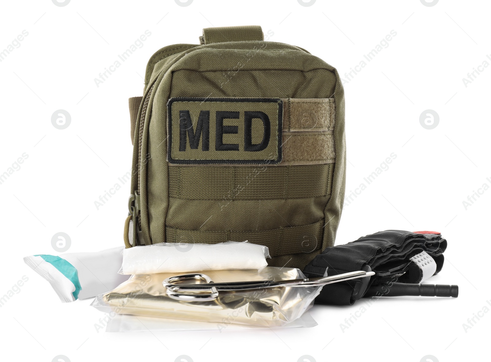 Photo of Military first aid kit with items isolated on white