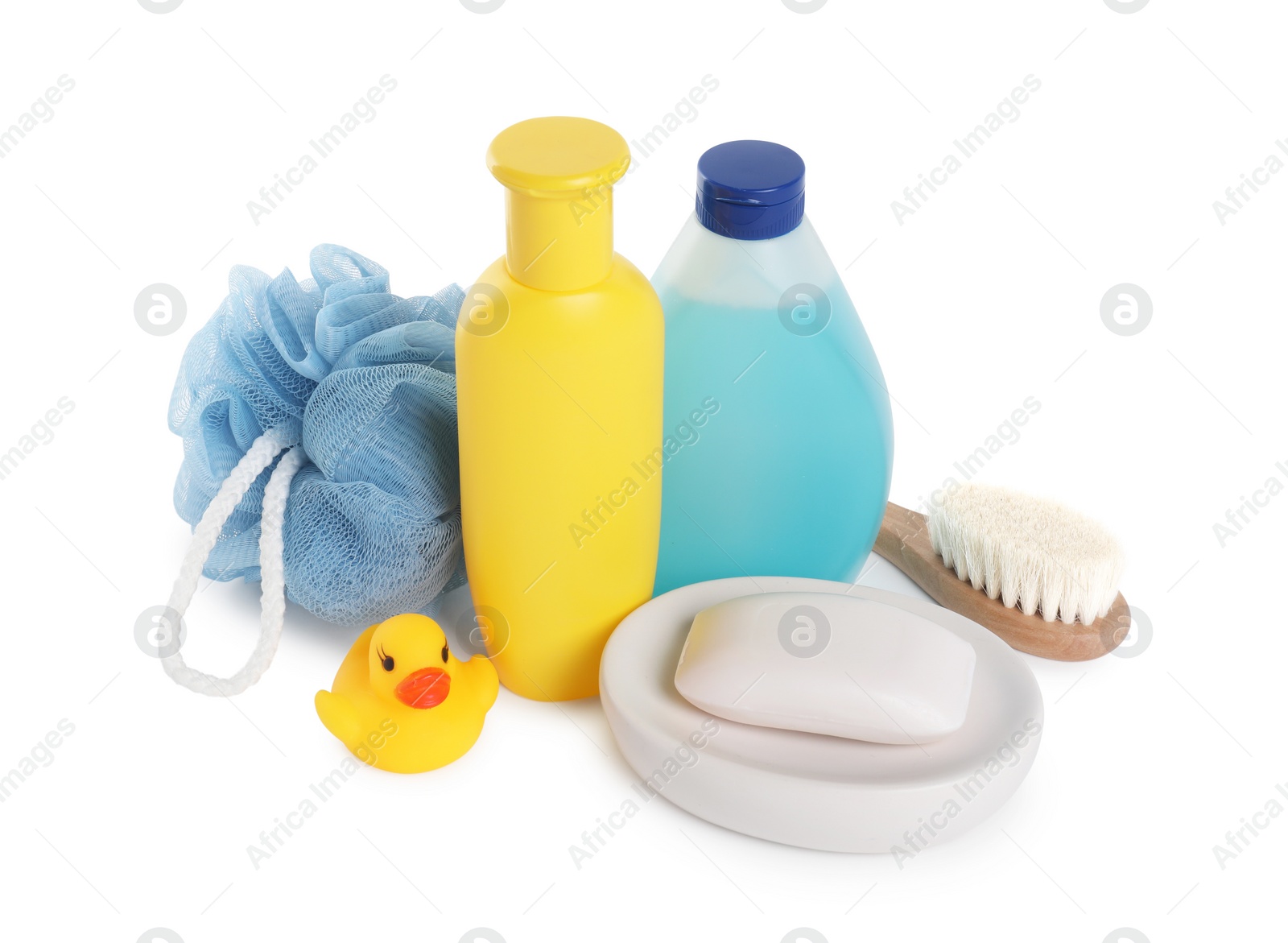 Photo of Baby cosmetic products, bath duck, brush and sponge isolated on white