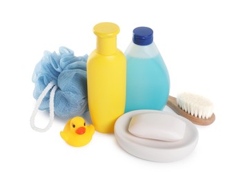 Photo of Baby cosmetic products, bath duck, brush and sponge isolated on white
