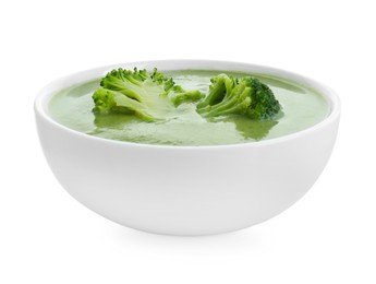 Photo of Delicious broccoli cream soup in bowl isolated on white
